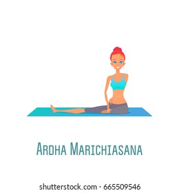 Cute bright girl performs yoga asana Ardha Marichiasana (Pose with the spine rotating sitting) on rug on an isolated white background
