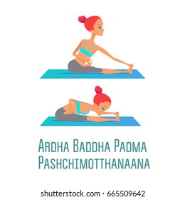 Cute bright girl performs yoga asana Ardha Baddha Padma Pashchimotthanaana (Tilt in half lotus pose to the leg) on rug on an isolated white background