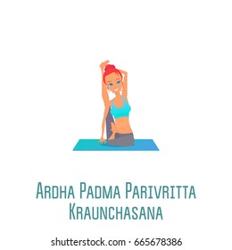 Cute bright girl performs yoga asana Ardha Padma Parivritta Kraunchasana (Heron Pose rotated in half lotus) on rug on an isolated white background