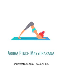 Cute bright girl performs yoga asana Ardha Pinch Mayyurasana (Dolphin Pose) on rug on an isolated white background