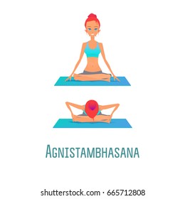 Cute bright girl performs yoga asana Agnistambhasana (Fire Log Pose) on rug on an isolated white background