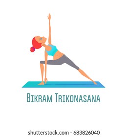 Cute bright girl performs yoga asana Bikram Trikonasana (Triangle Pose Bikram Option) on rug on an isolated white background