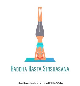 Cute bright girl performs yoga asana Baddha Hasta Sirshasana (Headstand with girth elbow) on rug on an isolated white background