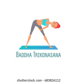 Cute bright girl performs yoga asana Baddha Trikonasana (Triangle Pose with lock) on rug on an isolated white background