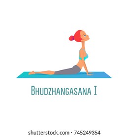 Cute bright girl performs yoga asana Bhudzhangasana I (Snake Pose) on rug on an isolated white background