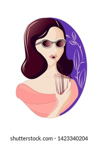 Cute bright girl in sunglasses sipping coffee from paper cup with straw. Blue background with leaf pattern. Flat design 
