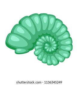 Cute bright green cartoon seashell icon. Colorful shellfish symbol isolated on white background. Cartoon style. Vector illustration.