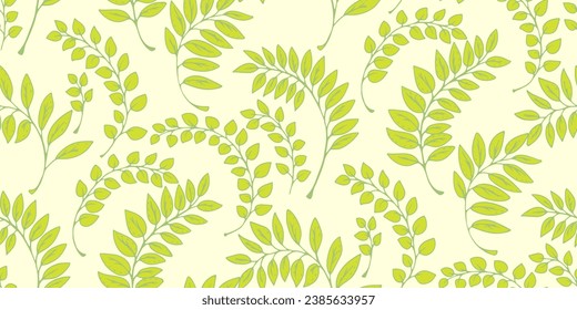 Cute bright green leaves stem seamless pattern. Vector hand drawn sketch, doodle. Abstract simple leaf branches print. Template for design, textile, fashion, print, surface design, fabric