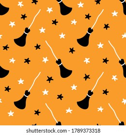 Cute bright Halloween seamless pattern with brooms and stars. Vector illustration ideal for festive background, decoration, cards, wallpaper, wrapping paper, prints, and fabrics or textile design.