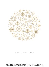 Cute Bright Hand Drawn Christmas Vector Card. Gold Snowflakes in a Circle and Letters Below. Gold Merry Christmas Wishes and Round Shaped Frame made of Snowflakes on a White Background. Xmas Card.