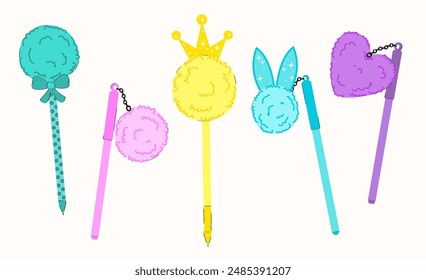 Cute bright hand drawn set of pens with fluffy pompoms Creative school supplies with glamorous decor