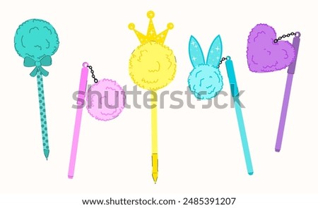 Cute bright hand drawn set of pens with fluffy pompoms Creative school supplies with glamorous decor