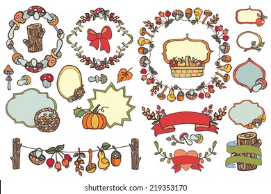 Cute and bright Harvest design template elements,label.wreaths,border,brushes. Fruits,berries,branches,leaves,mushrooms,cones,wood,decor elements. Funny garden set,restaurant menu .Vector