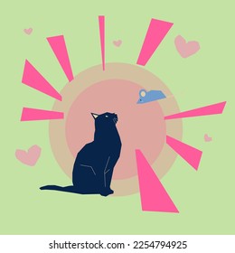 Cute bright illustration with cat and mouse, with hearts on background, Valentines card with cat, kawaii cat poster, t-shirt print