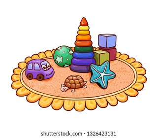 Cute bright illustration with many toys on round rug. Vector drawing suitable for kids magazine or coloring page