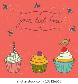 Cute bright invitation or greeting card template with colorful cupcakes and place for the text. Hand drawn vector illustration.