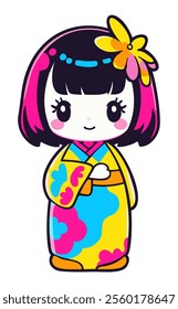 Cute bright japanese kokeshi doll. Vector isolated illustration in vivid colors.