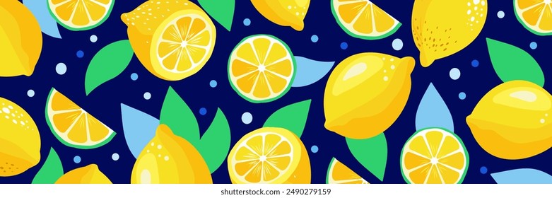 Cute bright lemon background in yellow, bright green and blue colors. Lime slice, fresh green leaves, yellow lemons on dark blue background. Spring, summer conceptual background. For postcard, banner