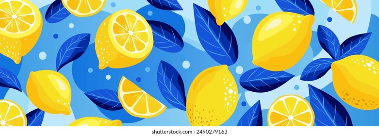 Cute bright lemon background in yellow and blue colors. Slice of tropical fruits, fresh green leaves, yellow lemons on a blue background. Spring, summer conceptual background. For postcard, banner