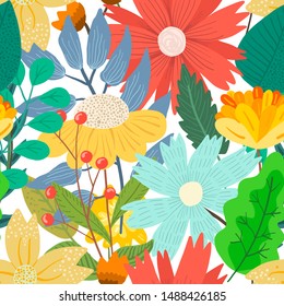 Cute bright light floral seamless pattern with mess of hand drawn flowers and leaves on white background. Lovely floral texture with blossoms and herbs for textile, wrapping paper, surface, wallpaper