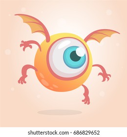 Cute bright monster or alien with one eye. Cartoon funny doodle flying cyclop smiling.Yellow vector illustration isolated on white background. Halloween character