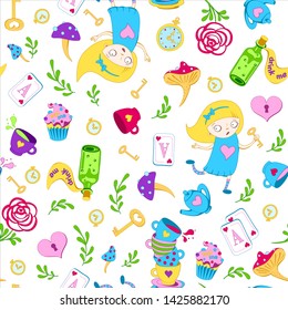 Cute bright multicolor seamless pattern with key, clock, roses on white background. Alice in Wonderland background for fabric, wrapping, wallpaper. Decorative print. Vector illustration
