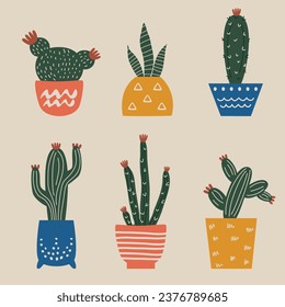 cute bright multicolored cactus set in pots vector illustration