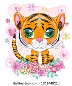 Cute bright orange cartoon tiger with beautiful eyes among flowers and hearts, greeting card design.