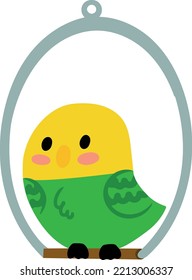 Cute bright parrot sits on swing. Charming pet. Budgerigar. Vector illustration. Flat design element on white background.