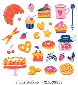 Cute bright pastry elements. Desserts and sweets clipart. Vector hand drawn set.