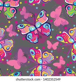 Cute bright pattern with hand drawn butterflies. Seamless background for girls, for textiles, clothing, wrapping paper
