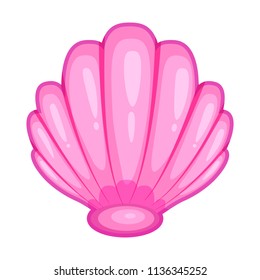 Cute bright pink cartoon seashell icon. Colorful shellfish symbol isolated on white background. Cartoon style. Vector illustration.