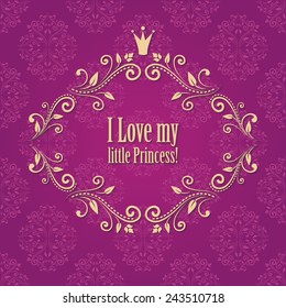  cute bright pink purple damask background. card for little princess, glamour girl and woman. frame with crown and floral ornament. vector illustration. 