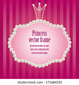 cute bright pink purple striped background for little princess,  glamour girl and woman.  realistic pearls frame with crown for your photo or sample text  vector illustration 