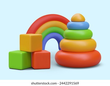 Cute bright poster with children toys in realistic style. Rainbow, pyramid, multi colored cubes