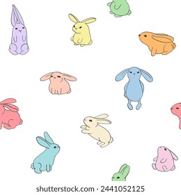 Lindos conejos brillantes sin patrón. Plantilla de vector para telas de bebé, papel, papel pintado y fondos.