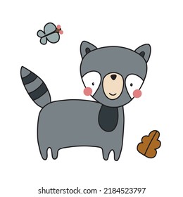 Cute bright raccoon in doodle style. Vector illustration isolated on white background for nursery and textile decoration