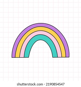 Feiner heller Regenbogen im Stil der 90er Jahre. Vektorgrafik, handgezeichnet, doodle Illustration einzeln auf weißem Hintergrund. Nostalgie für die 1990er Jahre. Ideal für Karten, Dekorationen, Logo