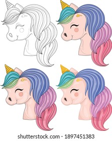 Cute bright rainbow unicorn creature with stars sketch template set. Colorful cartoon vector illustration in color and black and white for icons, emoji symbols, games, pattern. Coloring paper, page