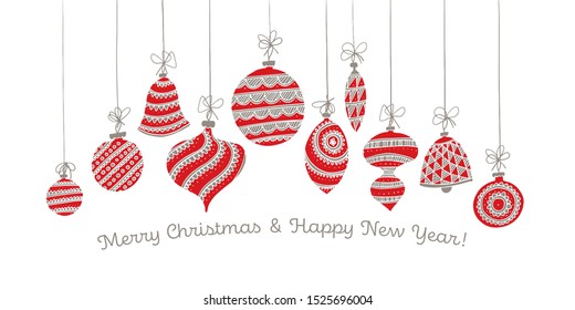 Cute bright red and gray xmas balls for card, header, invitation, poster, social media, post publication. Vintage Christmas and New year decoration element in playful style. 