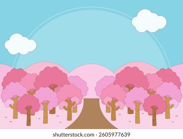cute and bright scenery of pink spring forest theme frame, vector illustration