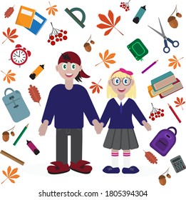 Cute and bright school illustration. Boy and girl in school uniforms hold hands. Around them is a set of pencils, backpacks, rulers, books, notebooks, autumn leaves, acorns. Vector illustration