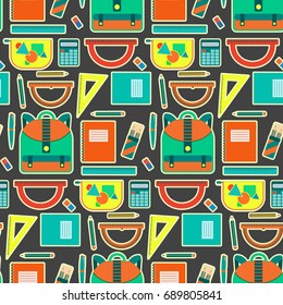Cute bright school pattern with backpack, copybooks, pencils, pens, rulers. Nice contrast kids texture for textile, wrapping paper, wallpaper, bookstore banners and covers, background, design