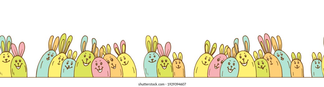 Borde transparente y brillante, horizontal, con un conejo de huevo de forma coloreada. Elemento de carácter animal colorido sobre fondo blanco. Ilustración vectorial dibujada a mano para el diseño festivo Happy Easter. 