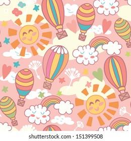 Cute bright seamless pattern with air balloons in the sky. Vector background with funny clouds, sun, rainbow and hearts. Freedom concept. Wedding decoration. Celebration design.