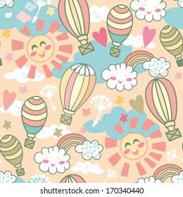 Cute bright seamless pattern with air balloons in the sky. Vector background with funny clouds, sun, rainbow and hearts. Freedom concept. Wedding decoration. Celebration design.