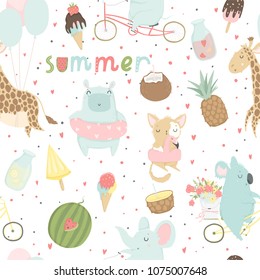 Cute bright seamless pattern with animals. Vector background with animals, ice cream, fruits, dots. Wrapping paper, fabric, wallpaper, background  design.