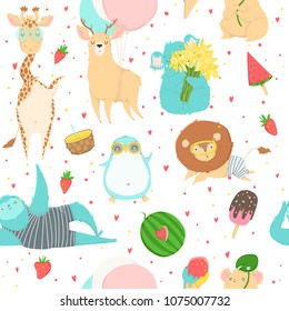 Cute bright seamless pattern with animals. Vector background with animals, ice cream, fruits, dots. Wrapping paper, fabric, wallpaper, background  design.