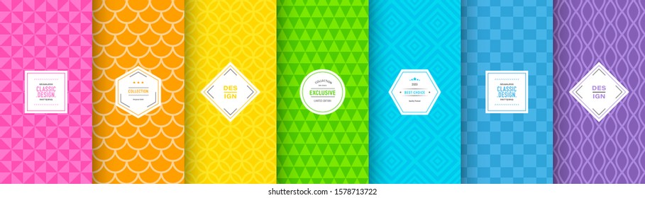 Cute bright seamless pattern background. Vector illustration bright design. Abstract geometric frame. Stylish decorative label set. Rainbow color. Colorful geometric ornament. Feminine baby style