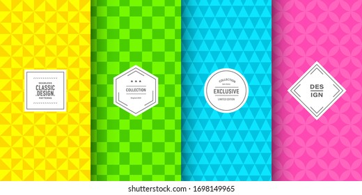 Cute bright seamless pattern background. Vector illustration design. Abstract chess board frame. Stylish decorative label set. Rainbow color. Colorful geometric ornament. Feminine baby style